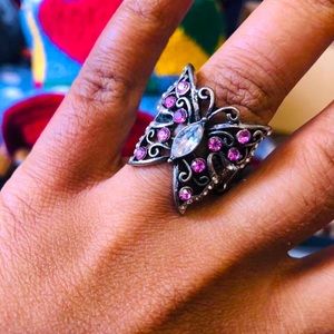 PINK CRYSTAL SILVER BUTTERFLY RING